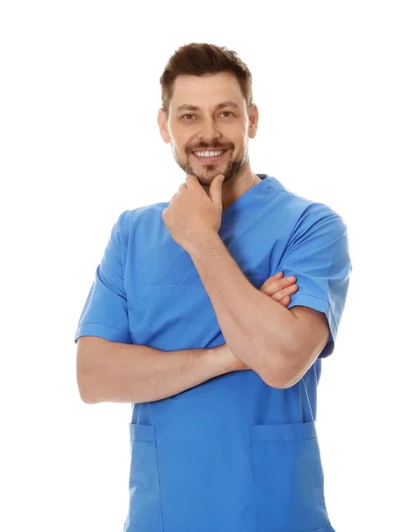 Retrato de médico varón en matorrales aislados en blanco. Personal médico — Foto de Stock