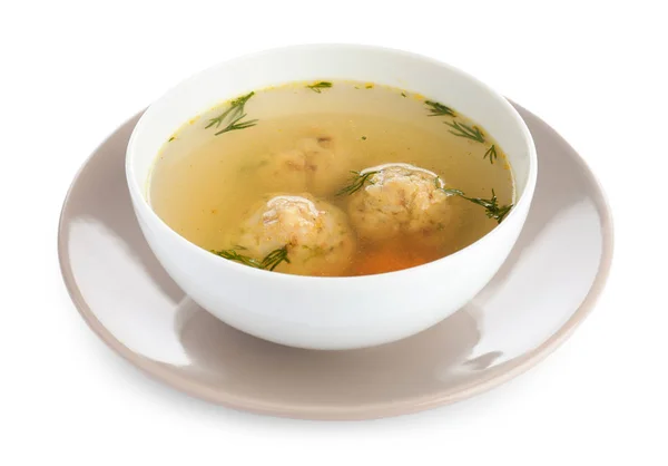 Cuenco de sopa de bolas de matzoh judío aislado en blanco —  Fotos de Stock