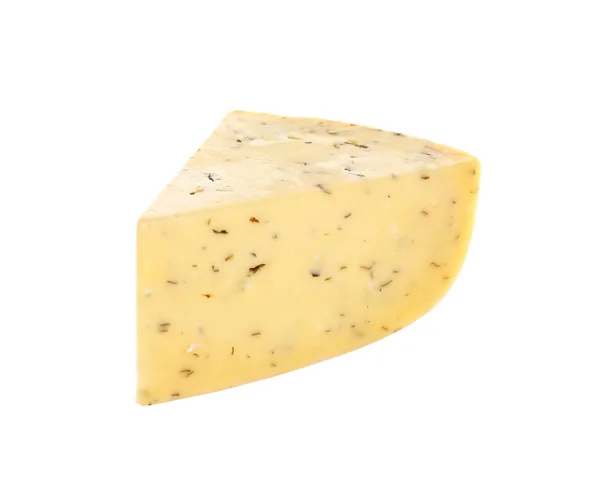 Pedaço de queijo delicioso com ervas no fundo branco — Fotografia de Stock