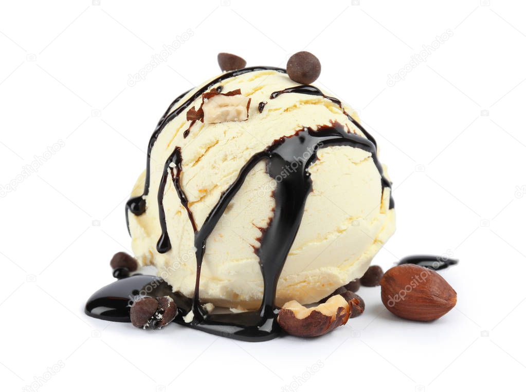 Ball of delicious vanilla ice cream with toppings on white background