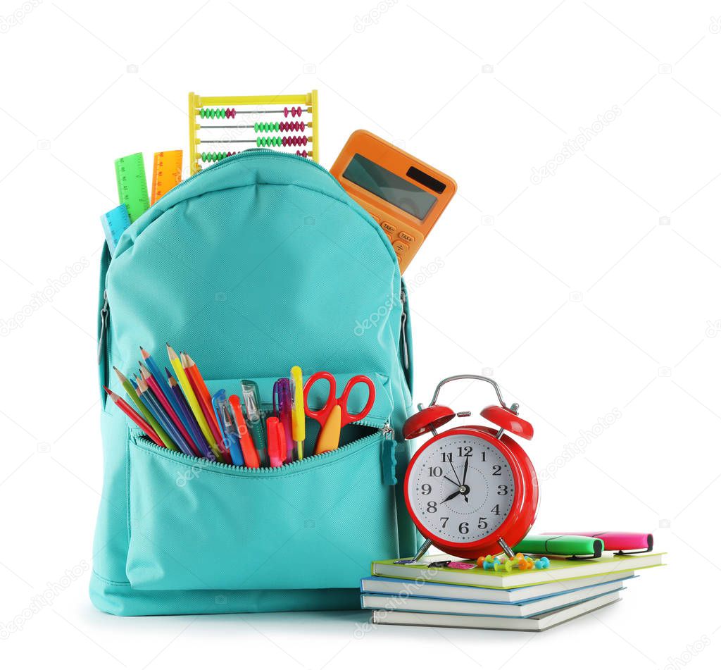Bright backpack with school stationery isolated on white