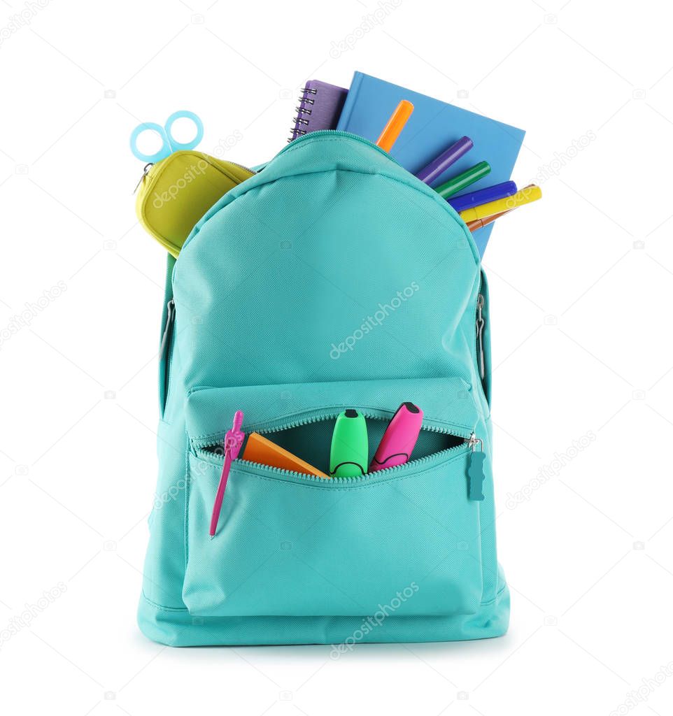 Bright backpack with school stationery isolated on white