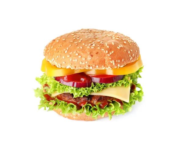 Smakelijke verse hamburger met kotelet geïsoleerd op wit — Stockfoto