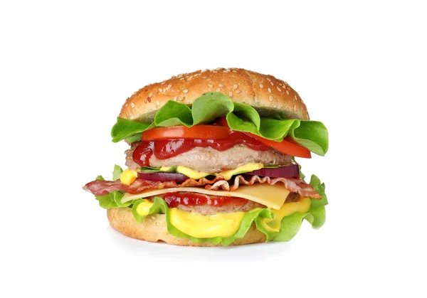 Hambúrguer fresco saboroso com costeleta isolada em branco — Fotografia de Stock