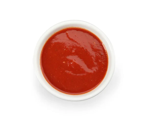 Bowl of tasty tomato sauce isolated on white, top view — Stock Photo, Image