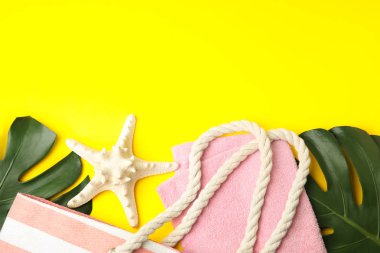 Renk arkaplanı üzerinde farklı plaj nesneleri ile düz konum, metin için boşluk