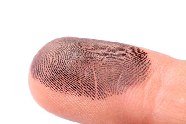 Primer plano del dedo de la persona con tinta sobre fondo blanco. Tomando impresiones —  Fotos de Stock