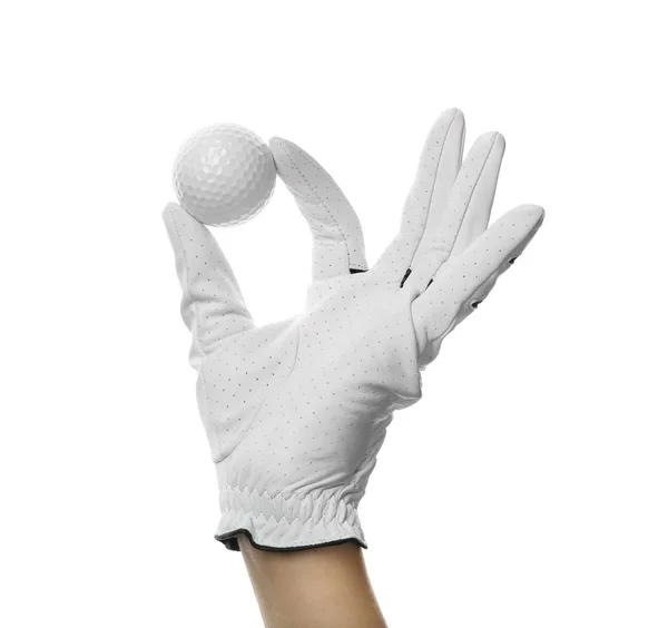 Player holding golf ball on white background, closeup — Stock Photo, Image