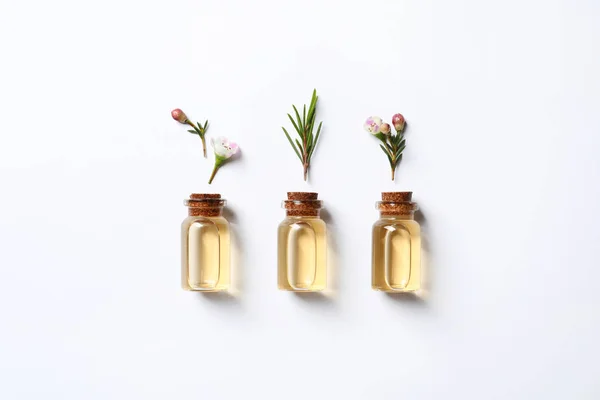 Composición plana con botellas de aceite de árbol de té natural sobre fondo blanco — Foto de Stock