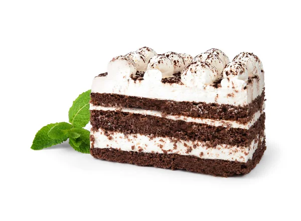 Ízletes tiramisu torta menta izolált fehér — Stock Fotó