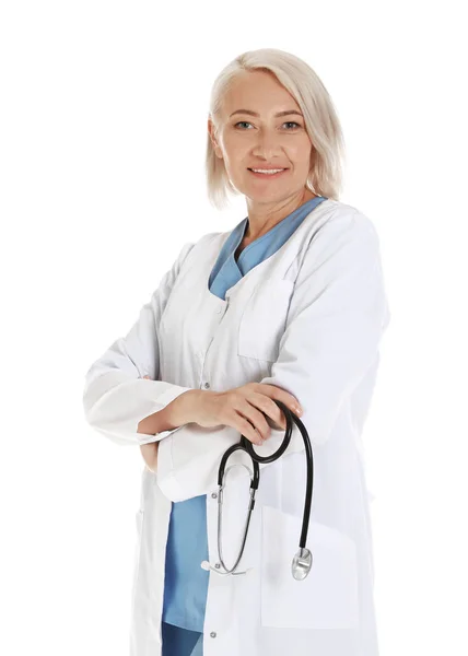 Retrato de doctora aislada en blanco. Personal médico —  Fotos de Stock