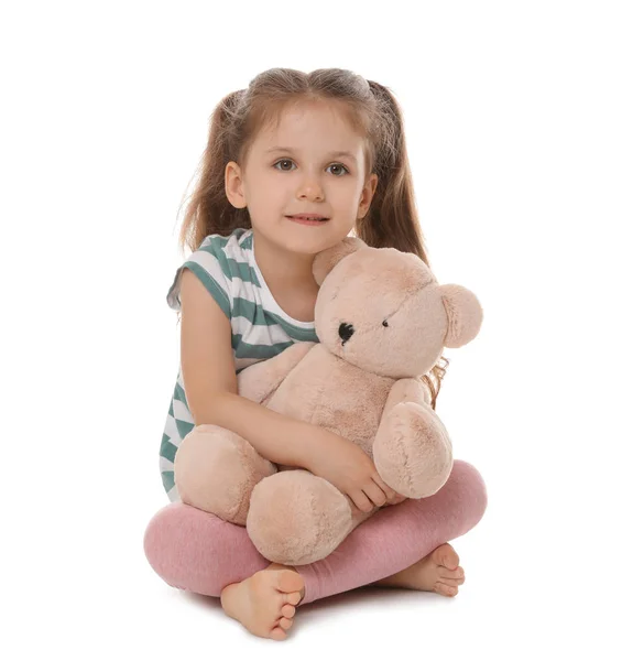 Portrait of cute little girl with teddy bear on white background — Stock Photo, Image