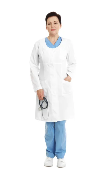 Full length portrait of female doctor isolated on white. Medical staff — Stock Photo, Image