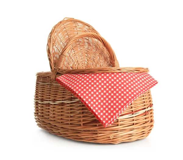 Empty picnic basket with checkered cloth isolated on white — Stock Photo, Image