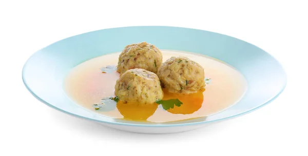 Dish of Jewish matzoh balls soup isolated on white — Stock Photo, Image