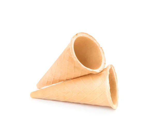 Empty crispy waffle cones for ice cream on white background — Stock Photo, Image