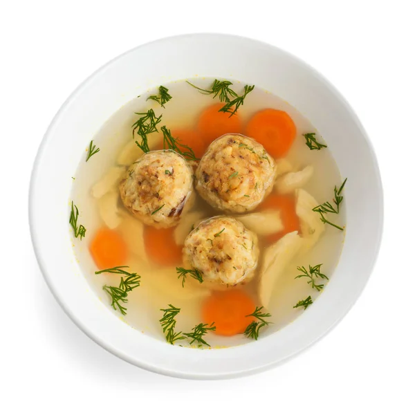 Bowl of Jewish matzoh balls soup isolated on white, top view — Stock Photo, Image