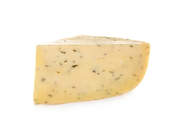 白い背景にハーブとおいしいチーズの一部 — ストック写真