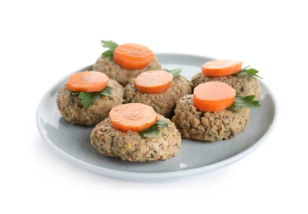 Plate of traditional Passover (Pesach) gefilte fish isolated on white — Stock Photo, Image