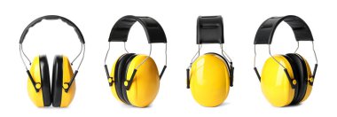 Beyaz arka planda koruyucu kulaklık seti. Banner tasarımı 