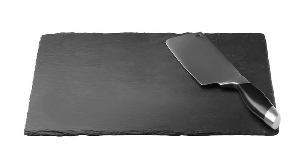 Cuchillo Cleaver y placa de pizarra aislados en blanco — Foto de Stock