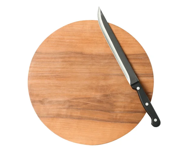 Slicer knife with wooden board isolated on white, top view — Stock Photo, Image