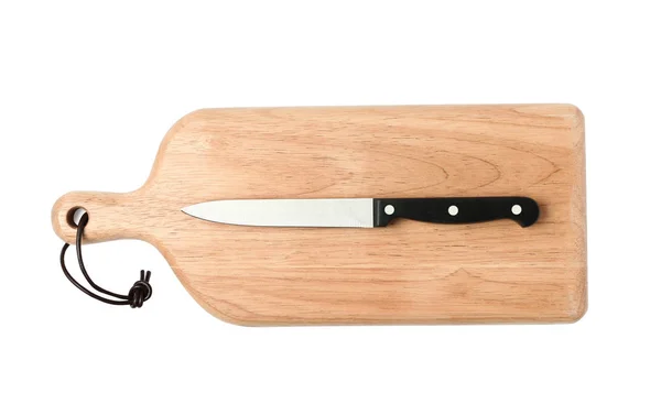 Couteau utilitaire avec panneau en bois isolé sur blanc, vue de dessus — Photo
