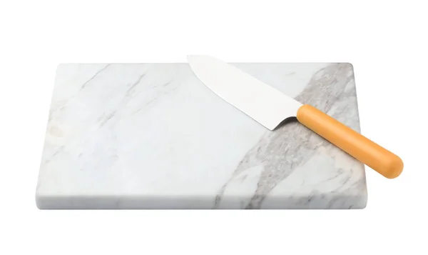 Sharp chief's knife with marble board on white background — Stock Photo, Image