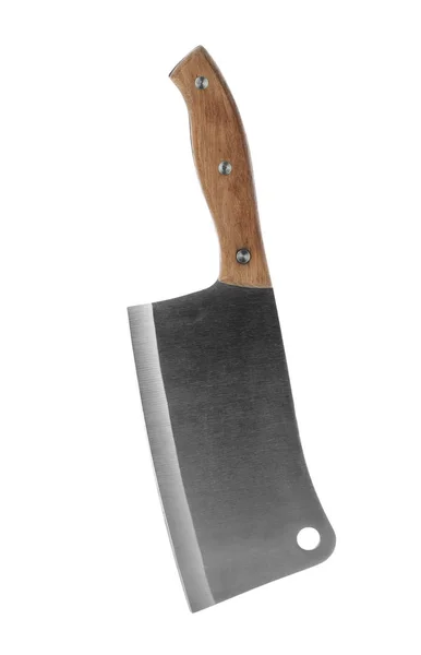 Velký ostrý sekáček nůž s dřevěnou rukojetí izolovaný na bílém — Stock fotografie
