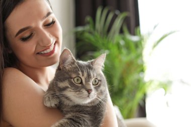 Evde sevimli kedi ile genç kadın, metin için alan. Evcil hayvan ve sahibi