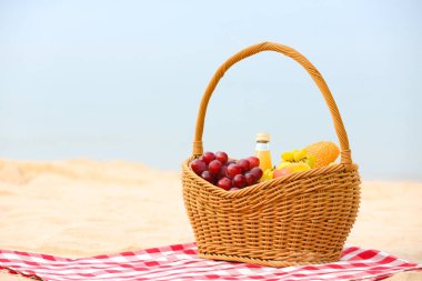 Deniz kenarında battaniye üzerinde yiyecek ve meyve suyu ile Hasır sepet, metin için alan. Yaz pikniği