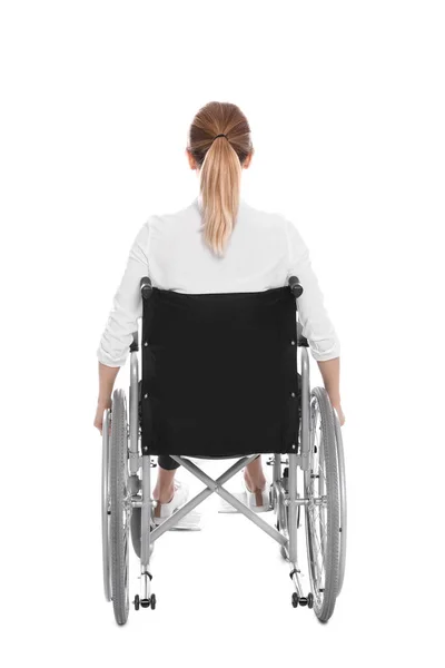 車椅子の若い女性は白い、バックビューで孤立 — ストック写真