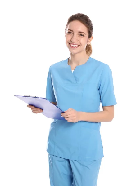 Portrait de médecin avec presse-papiers isolé sur blanc — Photo