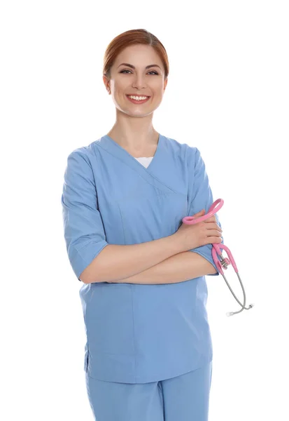 Retrato de médico com estetoscópio isolado em branco — Fotografia de Stock