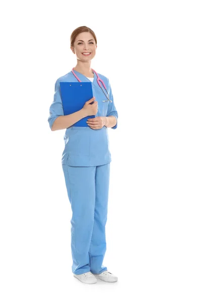 Full length portrait of medical doctor with clipboard and stethoscope isolated on white — Stock Photo, Image
