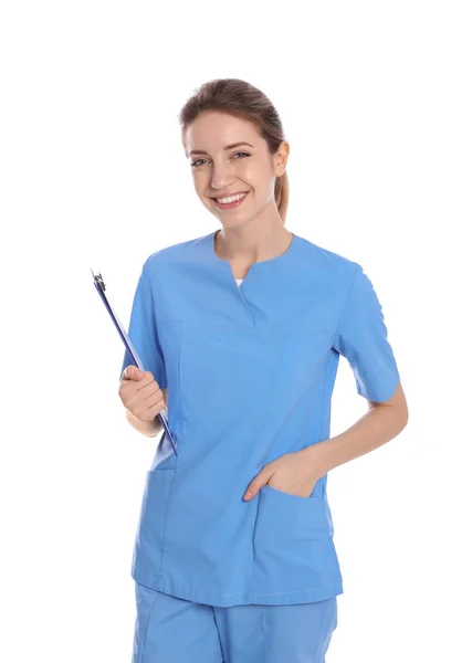 Portrait de médecin avec presse-papiers isolé sur blanc — Photo