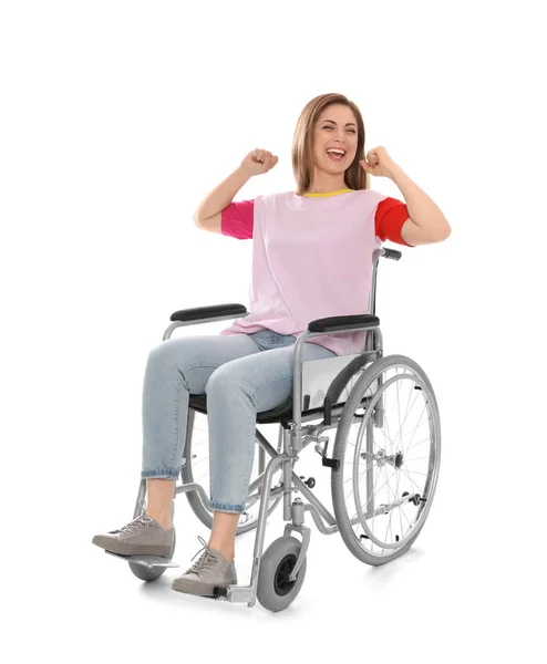 Happy woman in wheelchair isolated on white — Stock Photo, Image