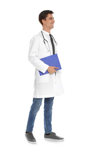 Full length portrait of medical doctor with clipboard and stethoscope isolated on white — Stock Photo, Image