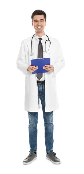 Full length portrait of medical doctor with clipboard and stethoscope isolated on white — Stock Photo, Image