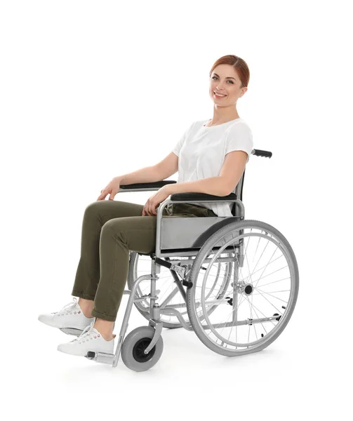 Beautiful woman in wheelchair isolated on white — Stock Photo, Image