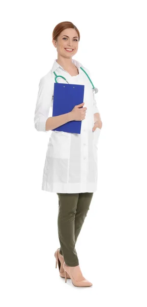 Full length portrait of medical doctor with clipboard and stethoscope isolated on white — Stock Photo, Image