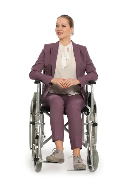 Piękna młoda businesswoman na wózku na białym tle — Zdjęcie stockowe