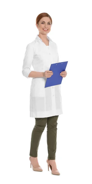 Full length portrait of medical doctor with clipboard isolated on white — Stock Photo, Image