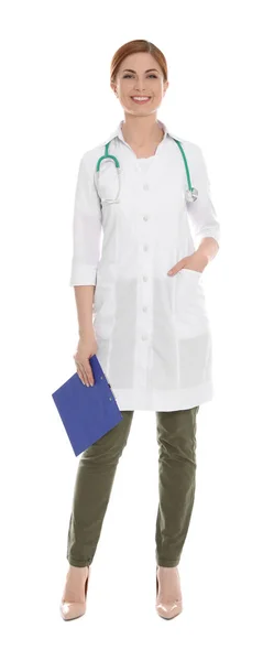 Full length portrait of medical doctor with clipboard and stethoscope isolated on white — Stock Photo, Image