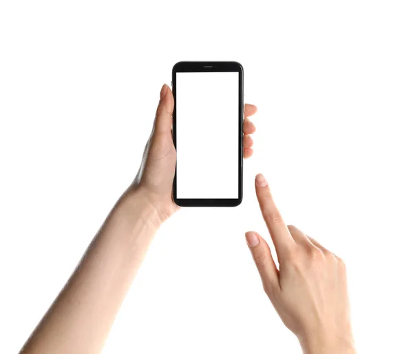 Kvinna som håller smartphone med blank skärm på vit bakgrund, närbild av händer. Utrymme för text — Stockfoto