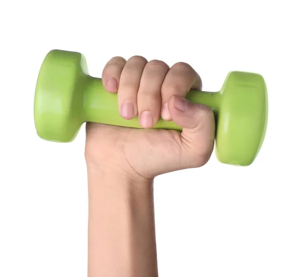 Woman holding vinyl dumbbell on white background, closeup — Stock Photo, Image