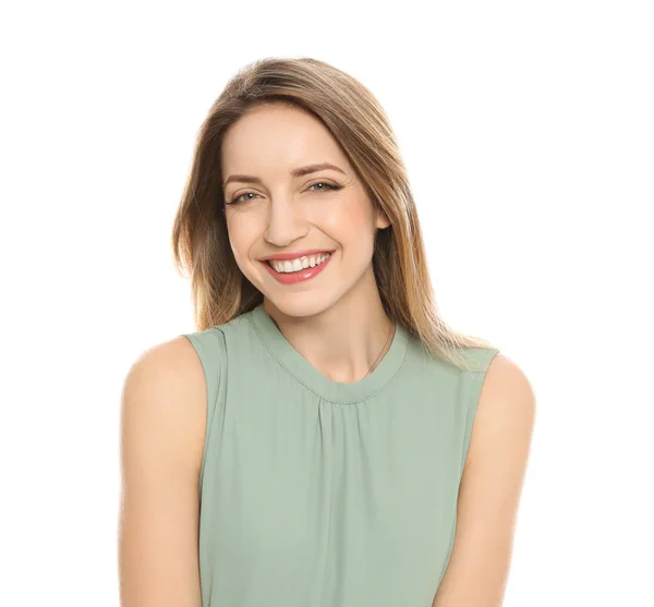 Retrato de mujer joven con cara hermosa sobre fondo blanco —  Fotos de Stock