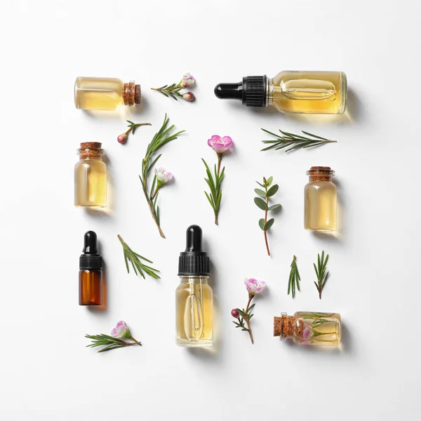 Composición plana con botellas de aceite de árbol de té natural sobre fondo blanco — Foto de Stock