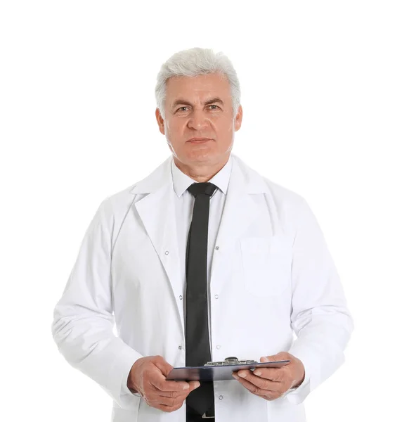 Portrait of male doctor with clipboard isolated on white. Medical staff — Stock Photo, Image