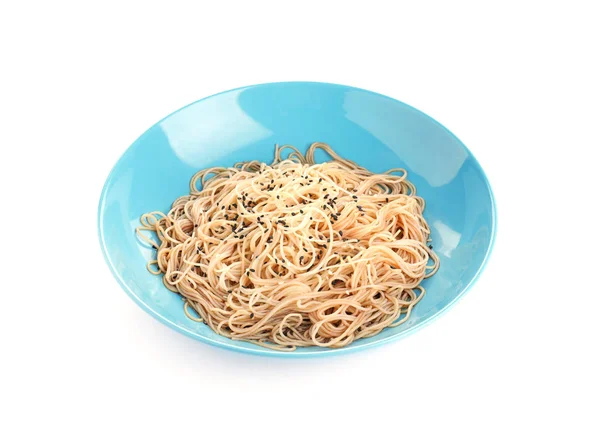 Plate of noodles with sesame isolated on white — Stock Photo, Image